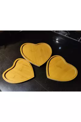 3’lü Bambu Sunumluk Seti – Oval, Kalpli ve Yuvarlak Tasarım | Doğal Ahşap Kahvaltılık & İkramlık - 1