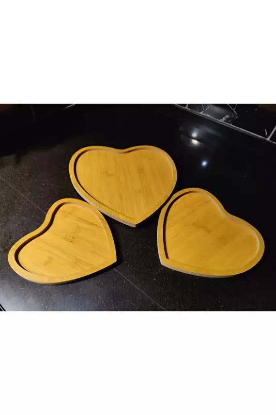 3’lü Bambu Sunumluk Seti – Oval, Kalpli ve Yuvarlak Tasarım | Doğal Ahşap Kahvaltılık & İkramlık - 1