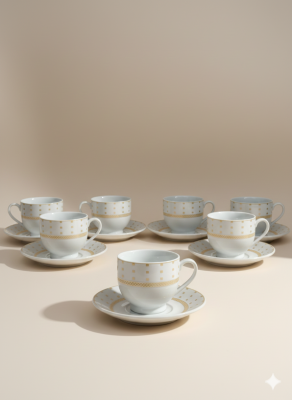 Altın Desenli Porselen Kahve Fincan Takımı – 6 Fincan 6 Tabak (12 Parça) - 2