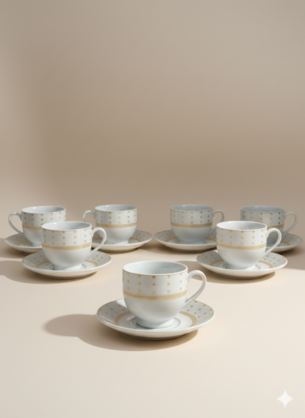 Altın Desenli Porselen Kahve Fincan Takımı – 6 Fincan 6 Tabak (12 Parça) - 2