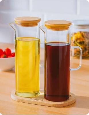 Cam Yağlık Seti Bambu 2’li – Bambu Altlıklı Yağlık Seti - 400ml - 