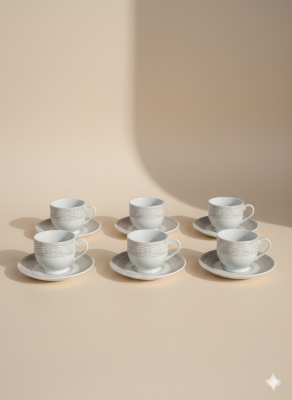Çizgi Desenli Porselen Kahve Fincan Takımı – 6 Fincan 6 Tabak (12 Parça) - 2