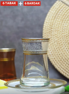 Elmas Desenli Çay Seti 12 Parça (6 Bardak + 6 Bardak Altlığı) - 