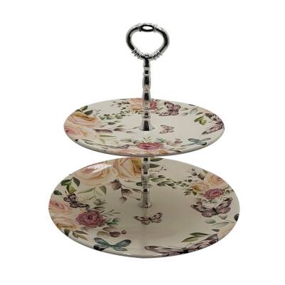 İki Katlı Dekoratif Seramik Kurabiyelik Meyvelik - 