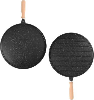 Yanmaz Yapışmaz Granit Kaplama Çift Taraflı Izgara ve Gözleme Tavası | Çift Taraflı Bazlama ve Et Tavası | Çıkarılabilir Saplı Granit Kaplama Döküm Tava - 