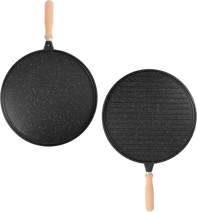 Yanmaz Yapışmaz Granit Kaplama Çift Taraflı Izgara ve Gözleme Tavası | Çift Taraflı Bazlama ve Et Tavası | Çıkarılabilir Saplı Granit Kaplama Döküm Tava - 1