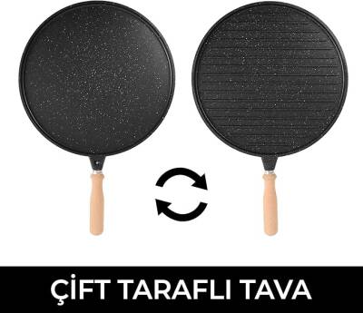 Yanmaz Yapışmaz Granit Kaplama Çift Taraflı Izgara ve Gözleme Tavası | Çift Taraflı Bazlama ve Et Tavası | Çıkarılabilir Saplı Granit Kaplama Döküm Tava - 2