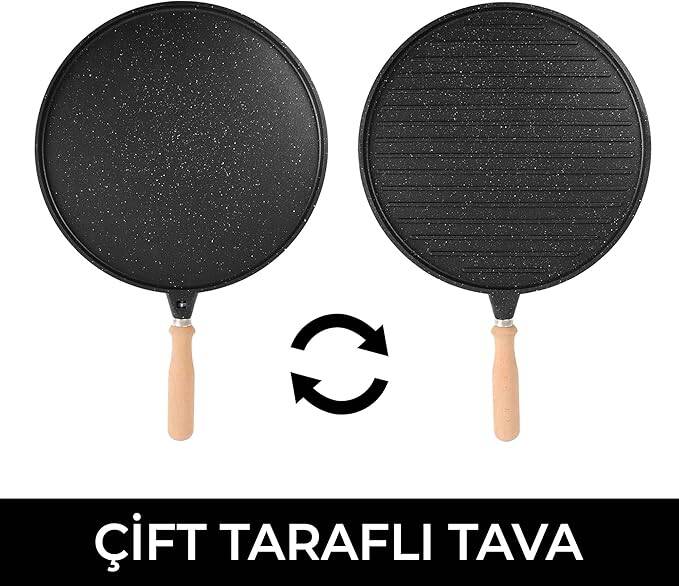 Yanmaz Yapışmaz Granit Kaplama Çift Taraflı Izgara ve Gözleme Tavası | Çift Taraflı Bazlama ve Et Tavası | Çıkarılabilir Saplı Granit Kaplama Döküm Tava - 2