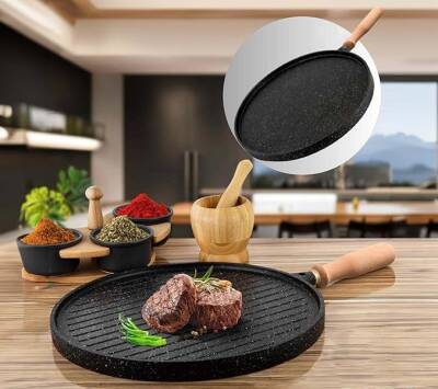 Yanmaz Yapışmaz Granit Kaplama Çift Taraflı Izgara ve Gözleme Tavası | Çift Taraflı Bazlama ve Et Tavası | Çıkarılabilir Saplı Granit Kaplama Döküm Tava - 5