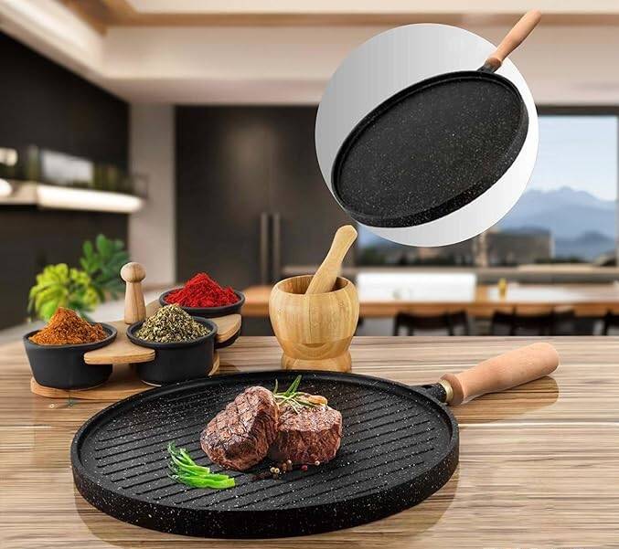 Yanmaz Yapışmaz Granit Kaplama Çift Taraflı Izgara ve Gözleme Tavası | Çift Taraflı Bazlama ve Et Tavası | Çıkarılabilir Saplı Granit Kaplama Döküm Tava - 5